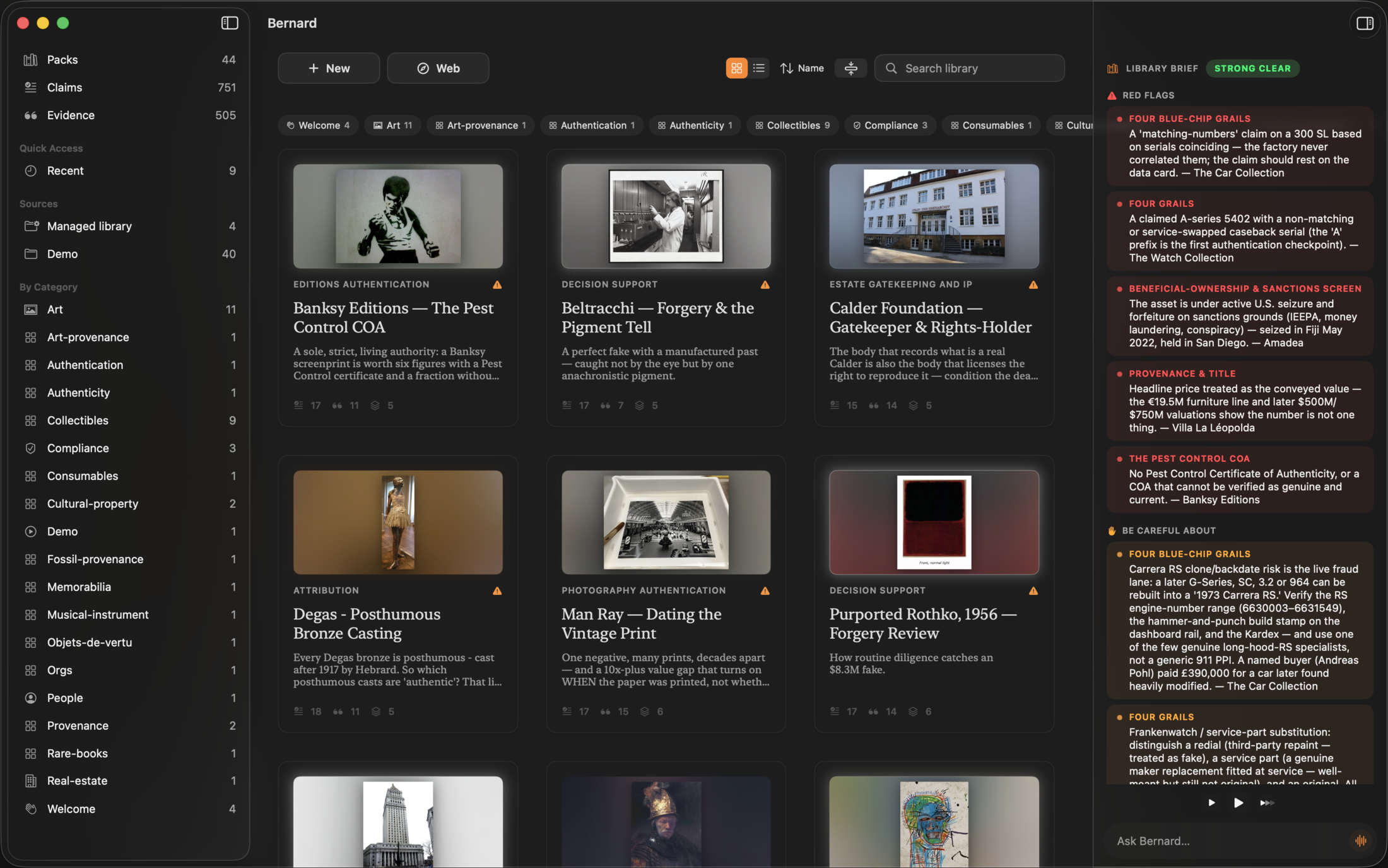 The Bernard macOS app showing an art-diligence library: cases for Banksy, Beltracchi, a Calder Foundation review, a Degas posthumous bronze, a Man Ray print, and a purported Rothko forgery, each with provenance and authentication status.