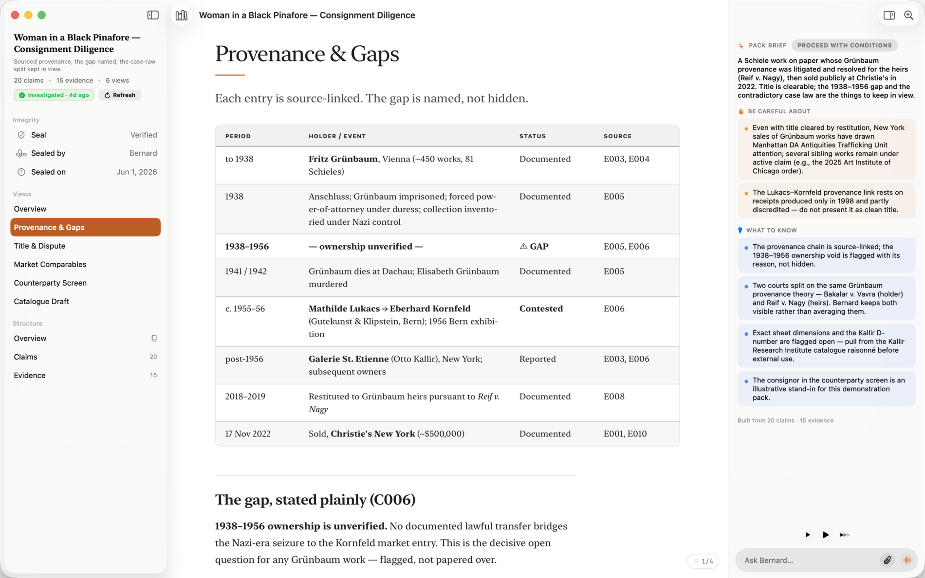 A Bernard Knowledge Pack open to Provenance and Gaps for a Schiele work: a source-linked table of holders and events, each with a documented, contested, or gap status, and a plainly stated 1938 to 1956 ownership gap.